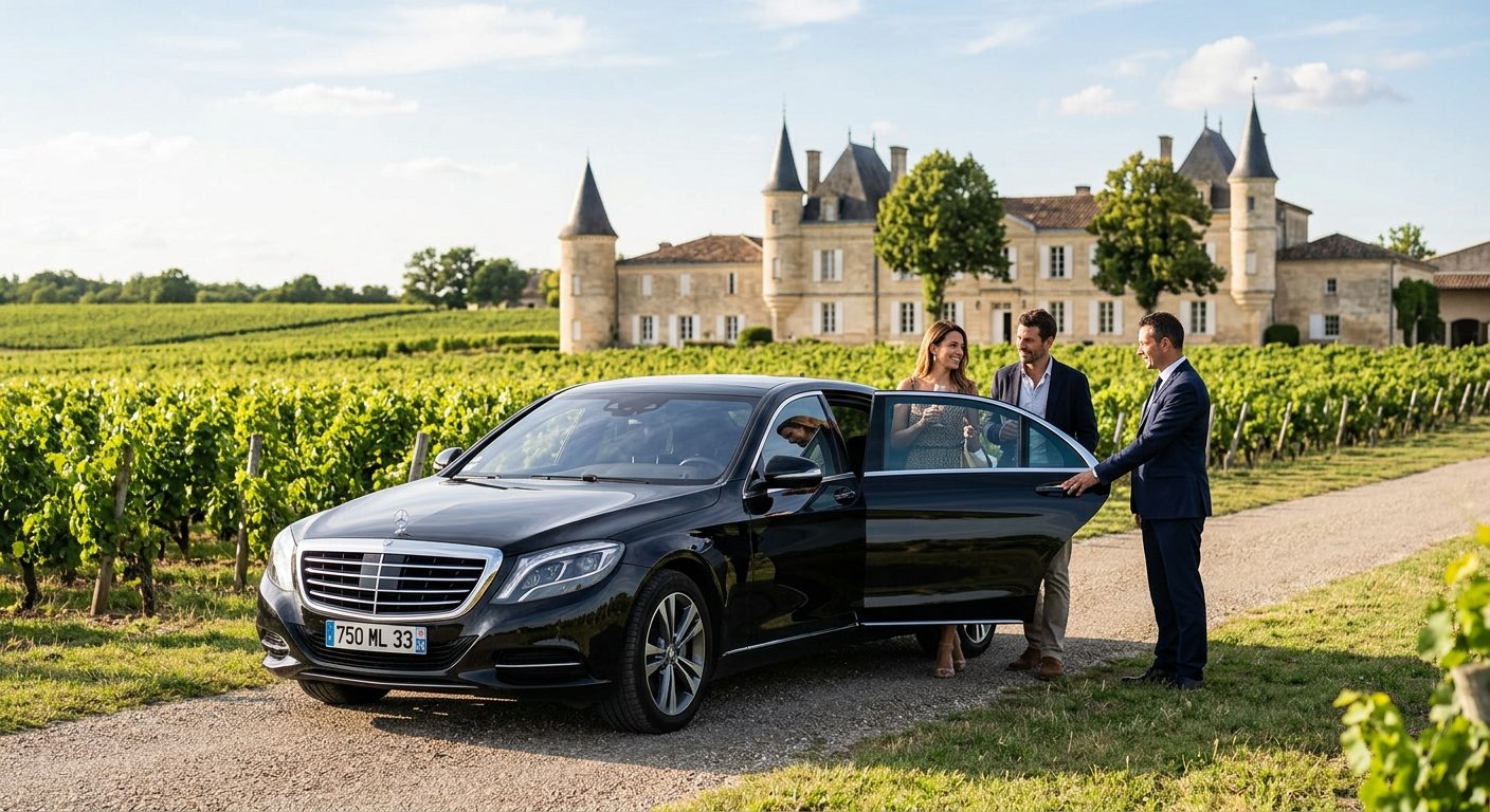 Chauffeur accueillant des visiteurs à leur arrivée devant un château du vignoble.