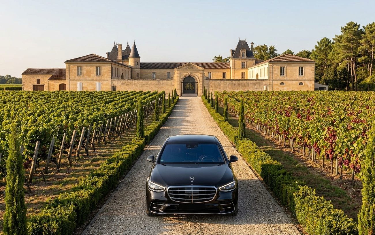 Mercedes Classe S remontant une allée de cyprès menant à un château du Bordelais.