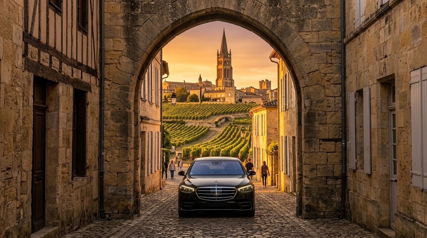Gros plan sur la calandre et l’étoile Mercedes, feuilles de vigne en arrière-plan.