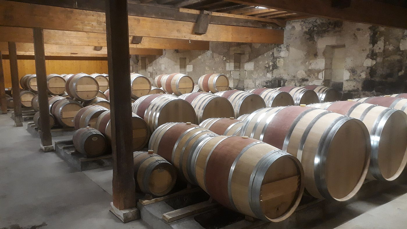 Alignement de barriques dans le chai d’un domaine du Médoc.