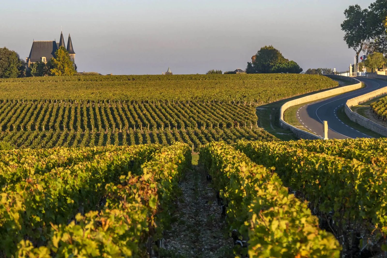 Château à tourelles au milieu des vignes du Médoc, l’estuaire de la Gironde à l’horizon.