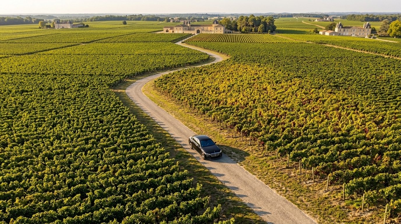 Mercedes Classe S franchissant une porte fortifiée de Saint-Émilion, au coucher du soleil.