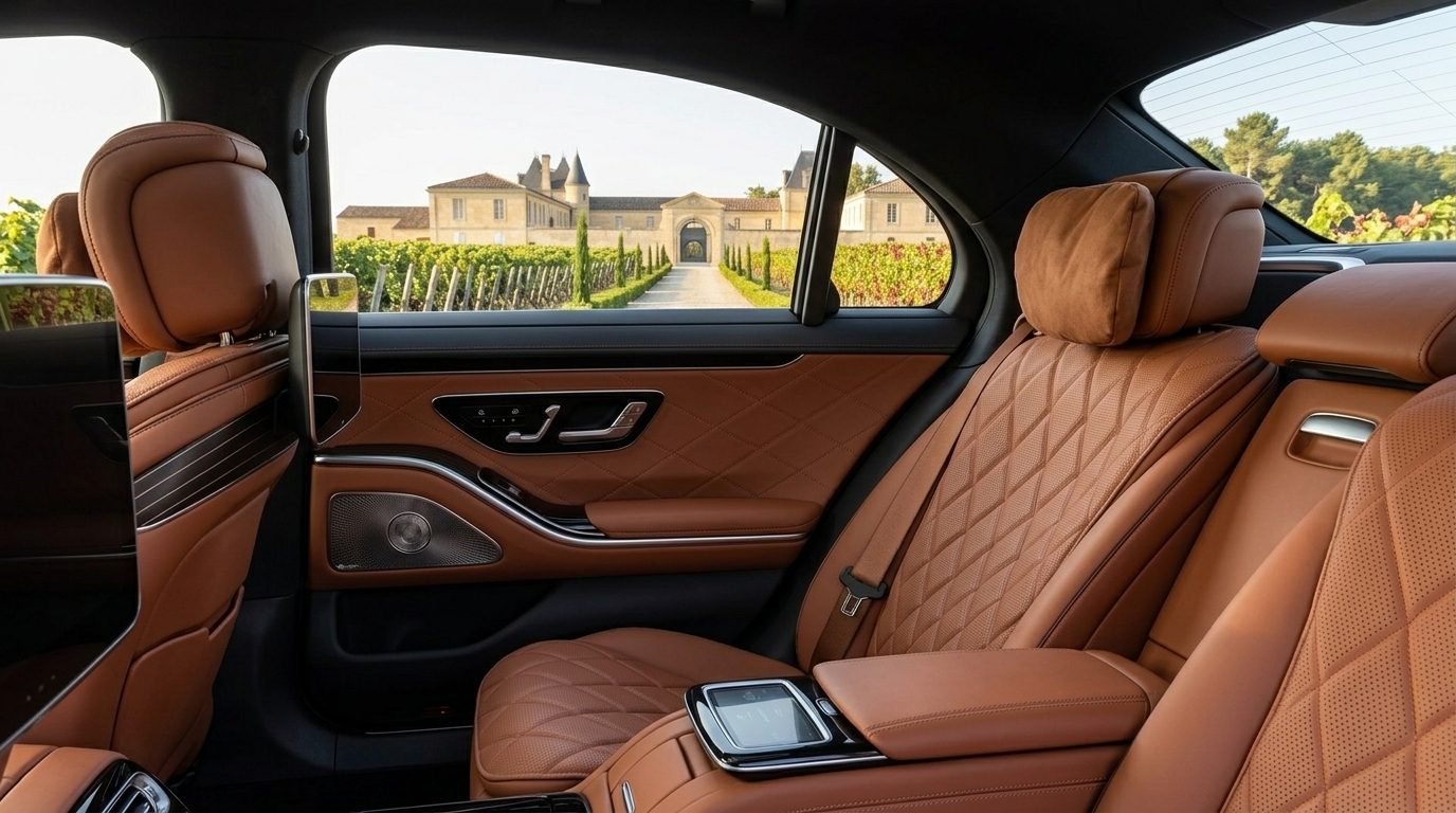 Mercedes Classe S roulant sur un chemin de vignoble au coucher du soleil.